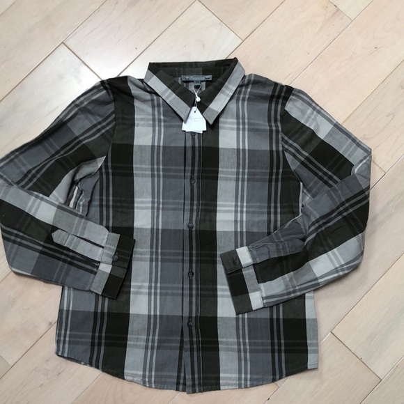 Bonpoint boys gray plaid button down cotton shirt